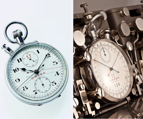图左为1932洛杉矶奥运会使用的欧米茄十分之一秒双追计时器，图右为1960罗马奥运会触发式双追计时器
